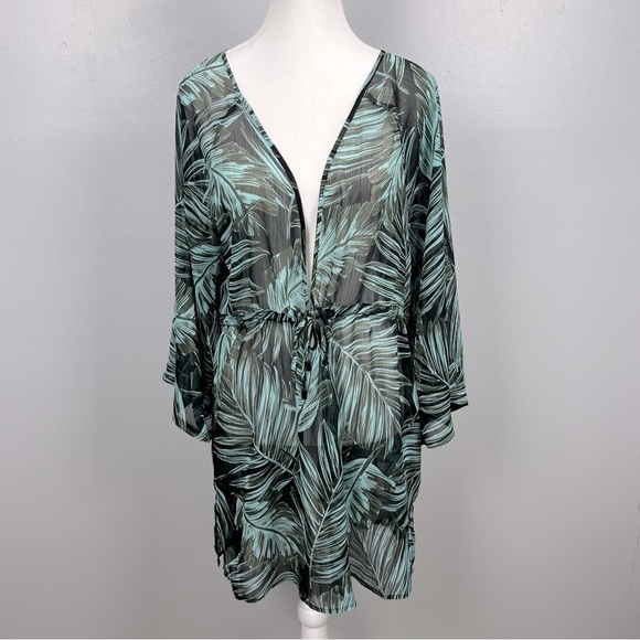 Sanctuary palm print cinch & tie waist sheer popover swim cover, size medium. - Picture 1 of 9